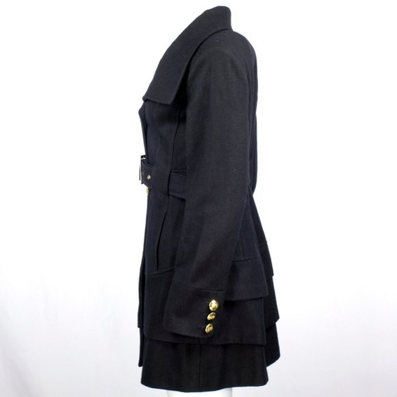 BLACK RIVET Black Wool Peplum Military Trench Coat - Picture 4 of 16